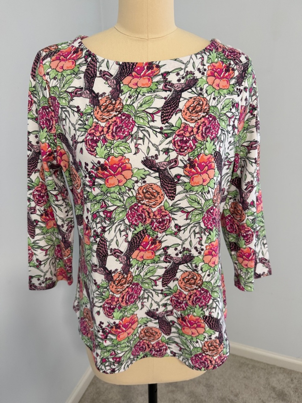 Charter Club Floral Hummingbird Print Boatneck Top SZL